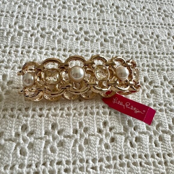 NWT Lilly Pulitzer Pink Palms Cuff Stretch Bracelet Gold - Picture 3 of 5